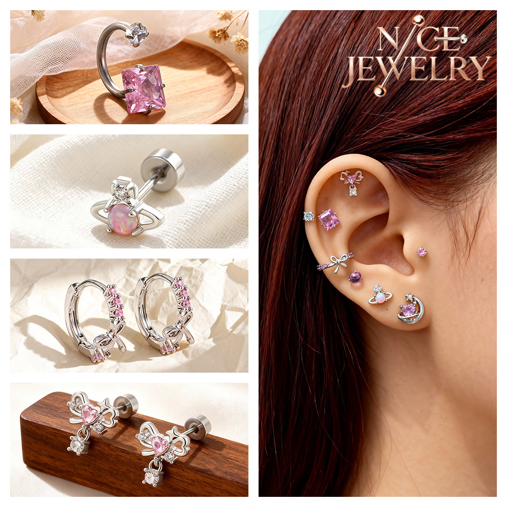20G สีชมพู Rhinestone Conch Tragus เจาะกระดูกอ่อน Earlobe Ear STUD เครื่องประดับสแตนเลส Planet Moon STUD ต่างหู