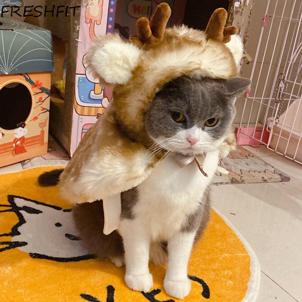 FRESHFIT Cat Elk Cloak, ตกแต่ง Plush Elk สุนัขผ้าคลุมไหล่, สุนัขแมวเสื้อผ้าเสื้อ Antlers หมวก Warm S