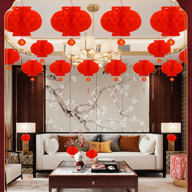 5/10ชิ้น พับรังผึ้งสีแดงกระดาษโคมไฟพรรคฉลองแขวนตกแต่งอุปกรณ์ปีใหม่ - รูปที่ 4