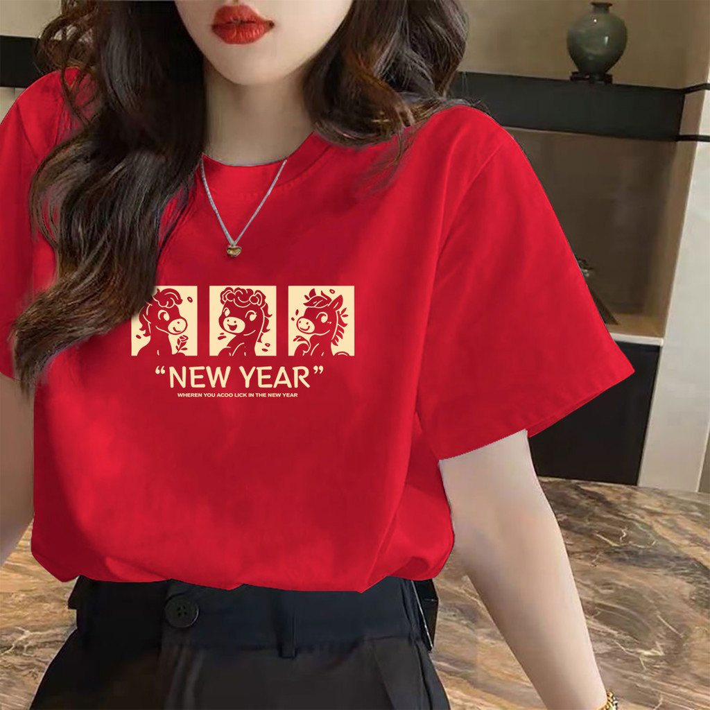 SUKA TEE COTTON สวัสดีปีใหม่ Unisex lucky bag พิมพ์ Baggy สไตล์ผู้หญิงลูกเรือคอ Rrd เสื้อยืด