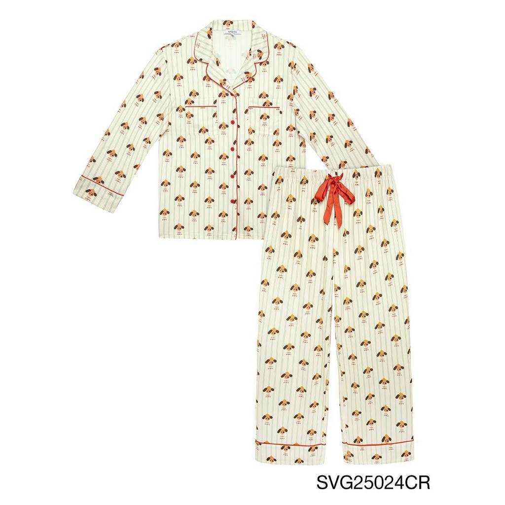 เซ็ตชุดนอน เสื้อแขนยาว กางเกงขายาว รหัส SVG25024CR – สีครีม/สีเขียว