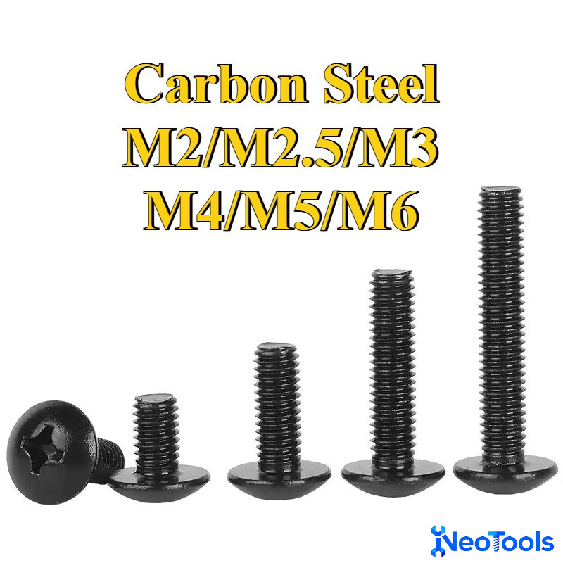 สีดําขนาดใหญ่หัวแบนข้ามสกรูหัวร่มกึ่งรอบหัวสกรูหัวเห็ดเครื่องแบนขนาดใหญ่M2/M2.5/M3/M4/M5/M6*L3-50 มม