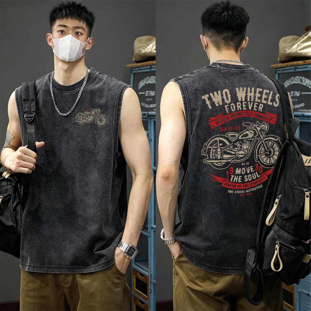 Sea.Tee [COD]เสื้อแขนกุด เสื้อยืดคอกลม ใส่สบาย ผ้าCotton 100% หลวม แนวสตรีท ระบายอากาศดี 'TWO WHEELS'