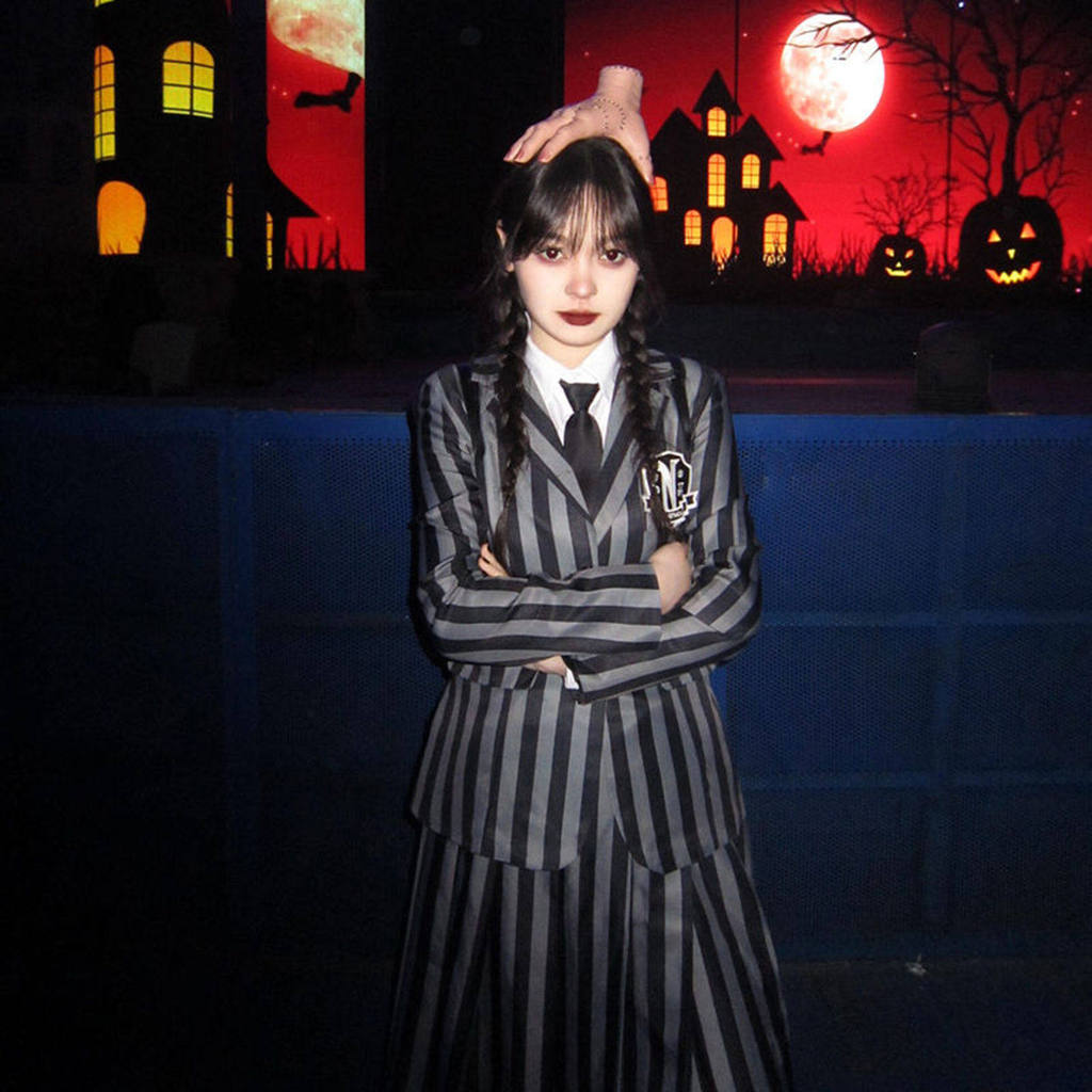 Wednesday cos เสื้อผ้า Adamsday Family ชุดนักเรียนผู้ใหญ่เด็กฮาโลวีนเครื่องแต่งกาย Props ชุด wednesd