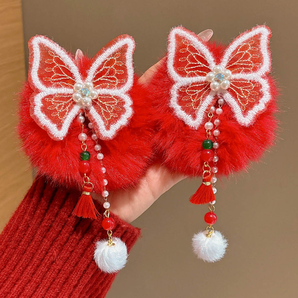 ยางรัดผมพู่สีแดงสำหรับเด็กผู้หญิง เครื่องประดับผมลูกบอลในสไตล์แบบเก่าแก่ - รูปที่ 7