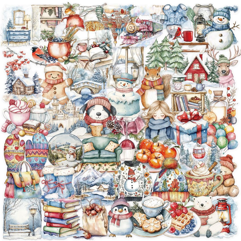 50 ชิ้นทาสีฤดูหนาว Impression PET พลาสติก Transpanrent สติ๊กเกอร์กันน้ํา