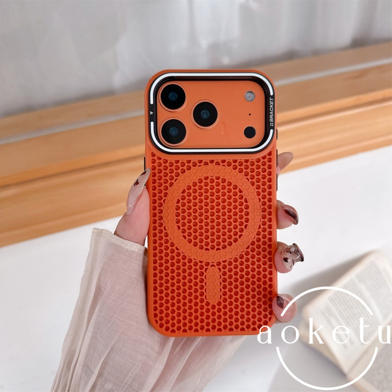 แม่เหล็กรังผึ้งกระจายความร้อนเหมาะสําหรับเคสโทรศัพท์ ไอโฟน 17 โปรแม็กซ์,ที่วางกรอบ แอปเปิล 16,15มือโปร ใหม่เคลือบสีส้มป้องกันการวางฝา