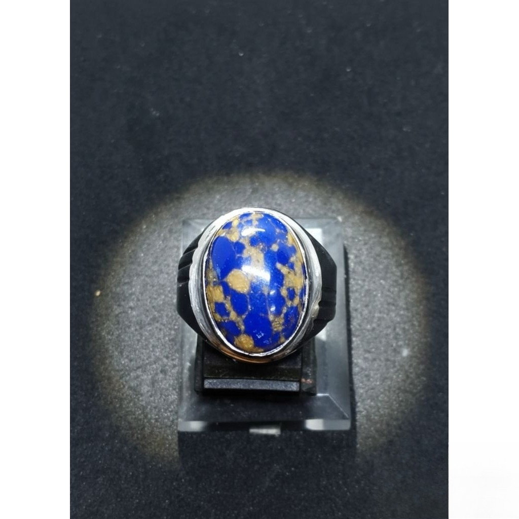 Blue Egyptian turquoise Mizone gold vein monel ring dim 18