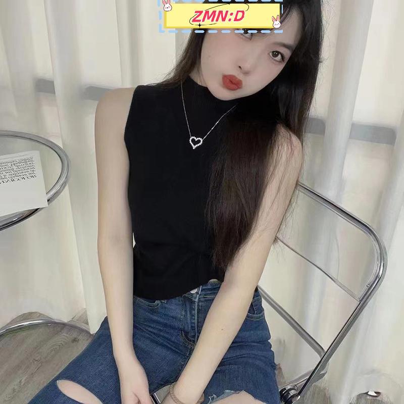 Zmn:ง แฟชั่นครึ่งคอเต่าถักเสื้อกล้ามฤดูร้อนผู้หญิงสบายๆสีทึบเสื้อกั๊กแขนกุด RRT