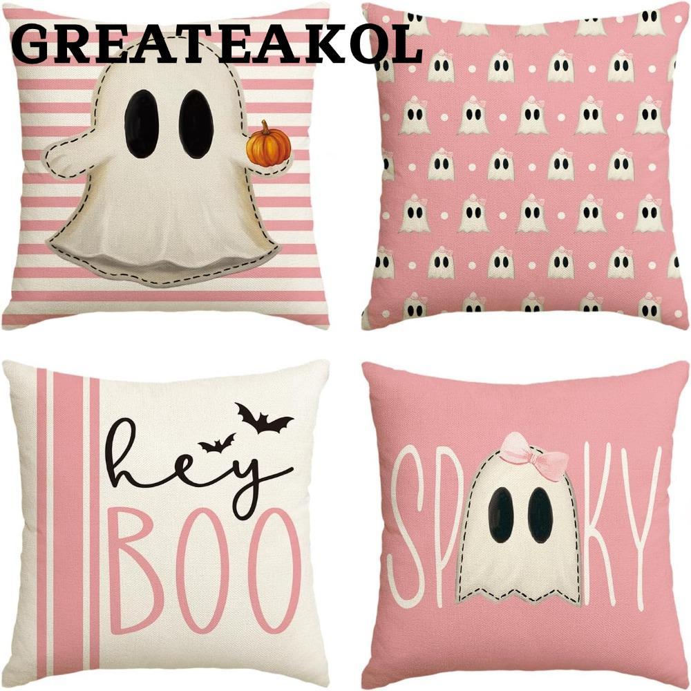 GREATESKOL ฮาโลวีนโยนหมอนครอบคลุม, เฮ้ Boo ผ้าลินินที่นอนปลอกหมอน, สยองขวัญ 45*45 ซม.ตกแต่งบ้านสีชมพู Spooky เบาะฮาโลวีนตกแต่งบ้าน