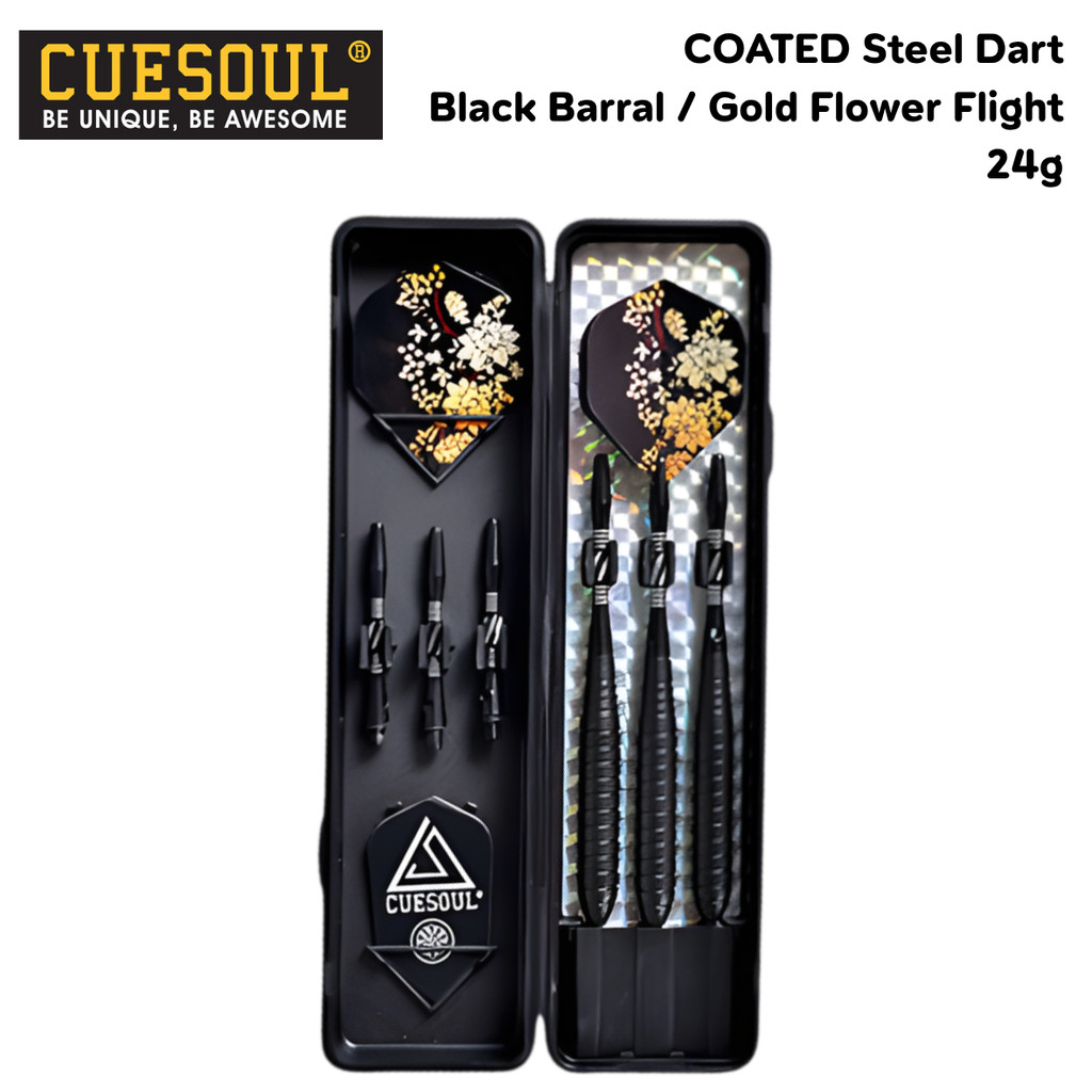ลูกดอกปาเป้า Cuesoul Coated Black Barral / Gold Flower Flight Steel Darts 24g