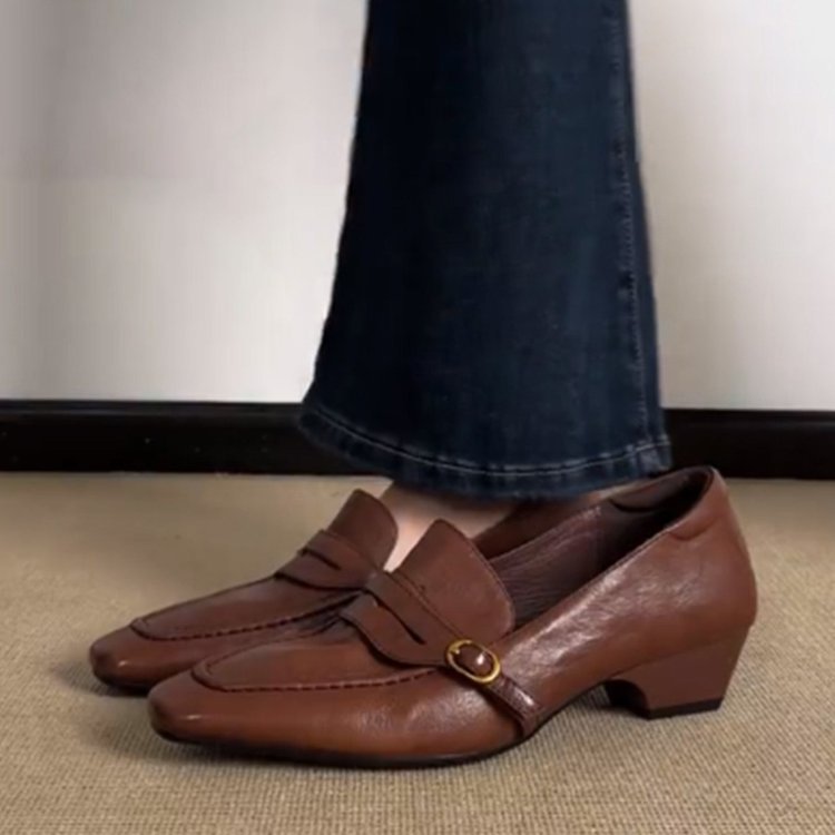รองเท้าส้นกลาง Low-Top ยางปากลึก Square Toe ส้นหนา PU Slip-On (3-5 ซม.)