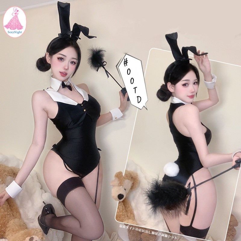 SexyNight เซ็กซี่ ดำ/ขาว บอดี้สูท cosplay บันนี่เกิร์ล โบว์ประดับ ของตกแต่งปอมปอม น่ารักและหวาน ส่งไวจากไทย