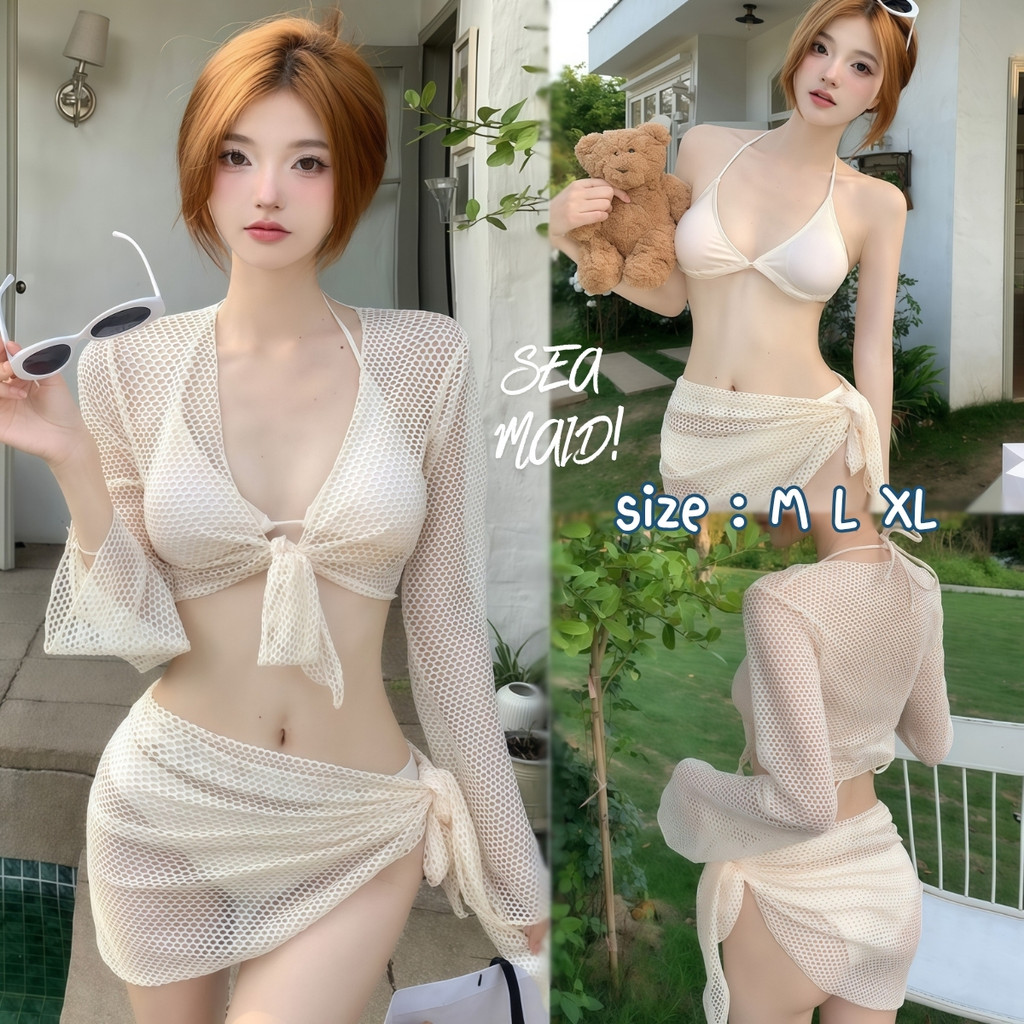 ส่งด่วนจากไทย!! SEA MAID ชุดว่ายน้ำบิกินี่  เซ็กซี่ บิกินี่ 4 ชิ้น บิกินี่ถักแขนยาว 📌มีไซส์ M-XL | น้ำหนัก40-65 กก.Y041