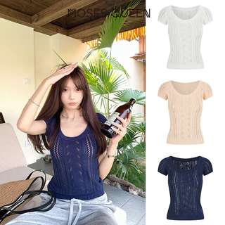 MOSESQUEEN เสื้อเบลาส์แขนสั้นทรงหลวม ลายฉลุ คอปก สำหรับฤดูร้อน #69028
