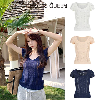 MOSESQUEEN เสื้อเบลาส์แขนสั้นทรงหลวม ลายฉลุ คอปก สำหรับฤดูร้อน #69028