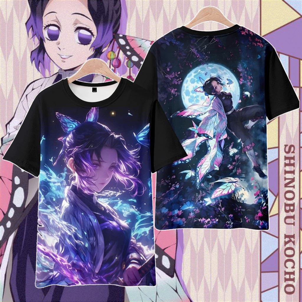 Demon Slayer Kochou Shinobu 3D พิมพ์เสื้อยืดสําหรับผู้ชายและผู้หญิงอะนิเมะผีเสื้อสาวแฟชั่นสบายแขนสั้
