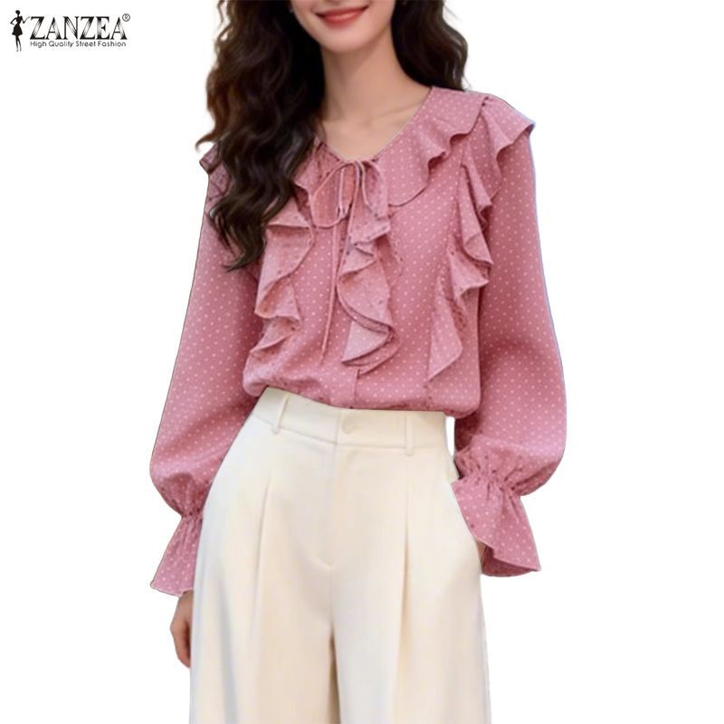 .getZANZEA เสื้อหลวมสไตล์เกาหลีสำหรับผู้หญิง ดีไซน์อ่อนหวาน มีลายจุด polka dots และ pleats พร้อมเชือกร้อยคอมากความน่ารัก