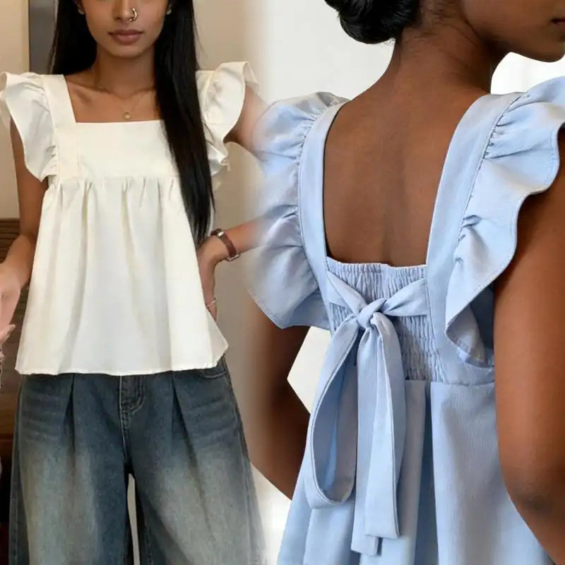 ผู้หญิง Breezy Ruffle Square Neck Tops ฤดูร้อน Tie-back เสื้อความพยายาม Feminine Ruffle Tank
