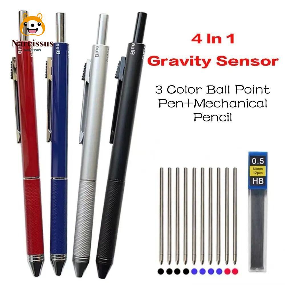 NARCISSUS ปากกามัลติฟังก์ชั่น 4 in 1 โลหะ Gravity Sensing ปากกาลูกลื่น 3 สีหมึก + ดินสอกด 0.5 มม. สำหรับโรงเรียนสำนักงานของขวัญ