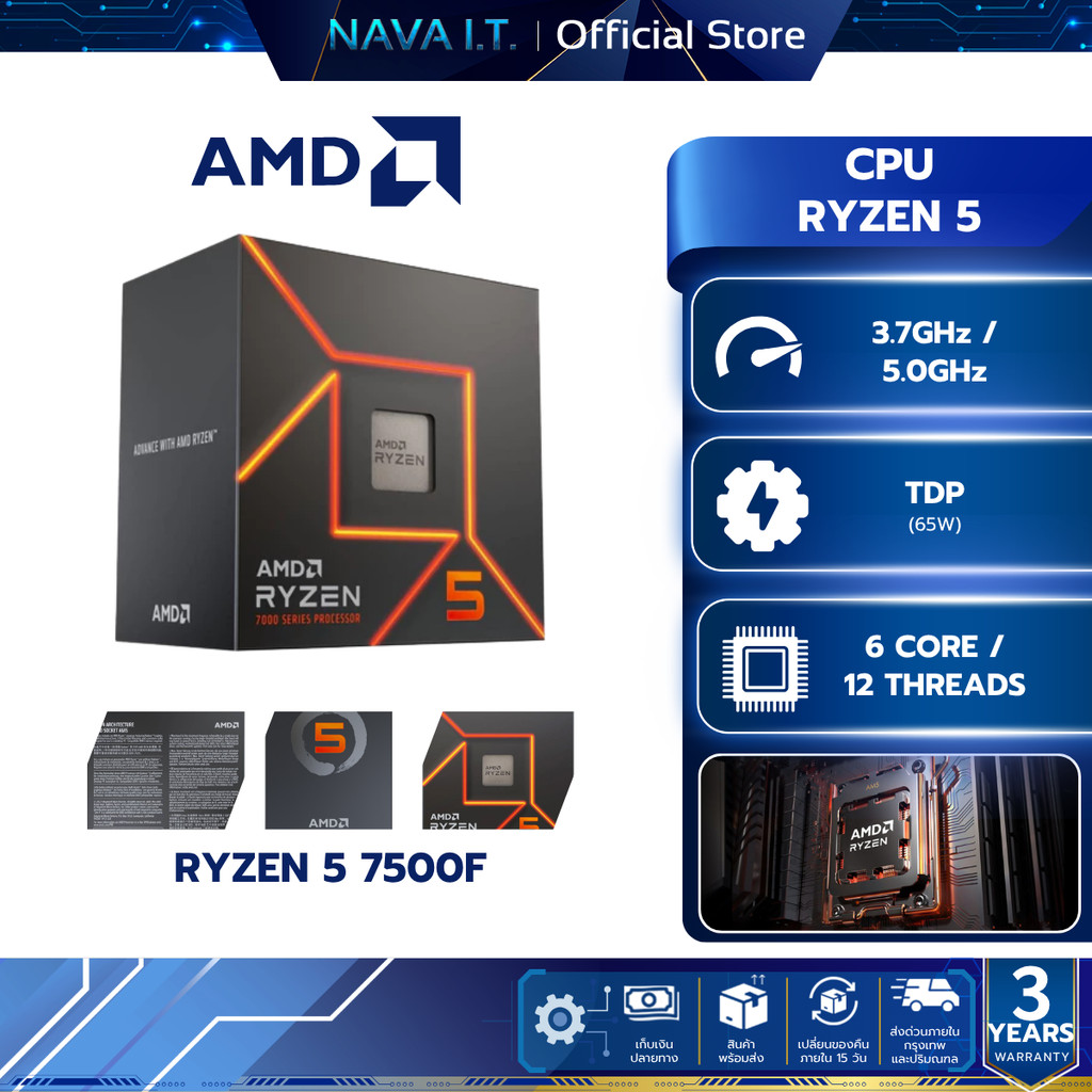CPU (ซีพียู) AMD RYZEN 5 7500F AM5 6C/12T 3.7GHz