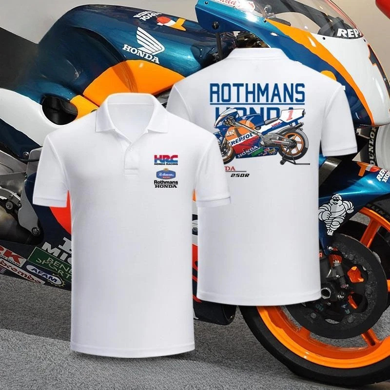 เสื้อโปโลสำหรับผู้ชายและผู้หญิงของ Honda รุ่น Two Chong Fire Chariot NSR250RP4HRC เสื้อทำงานแขนสั้น