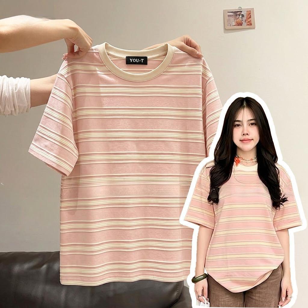 🌷Su.Tee🌷   เสื้อยืดลายขวางสีชมพู สไตล์คลาง วัยรุ่นฮิตๆ ผ้าคอตตอน ใส่สบาย พร้อมส่ง มีเก็บเงินปลายทาง