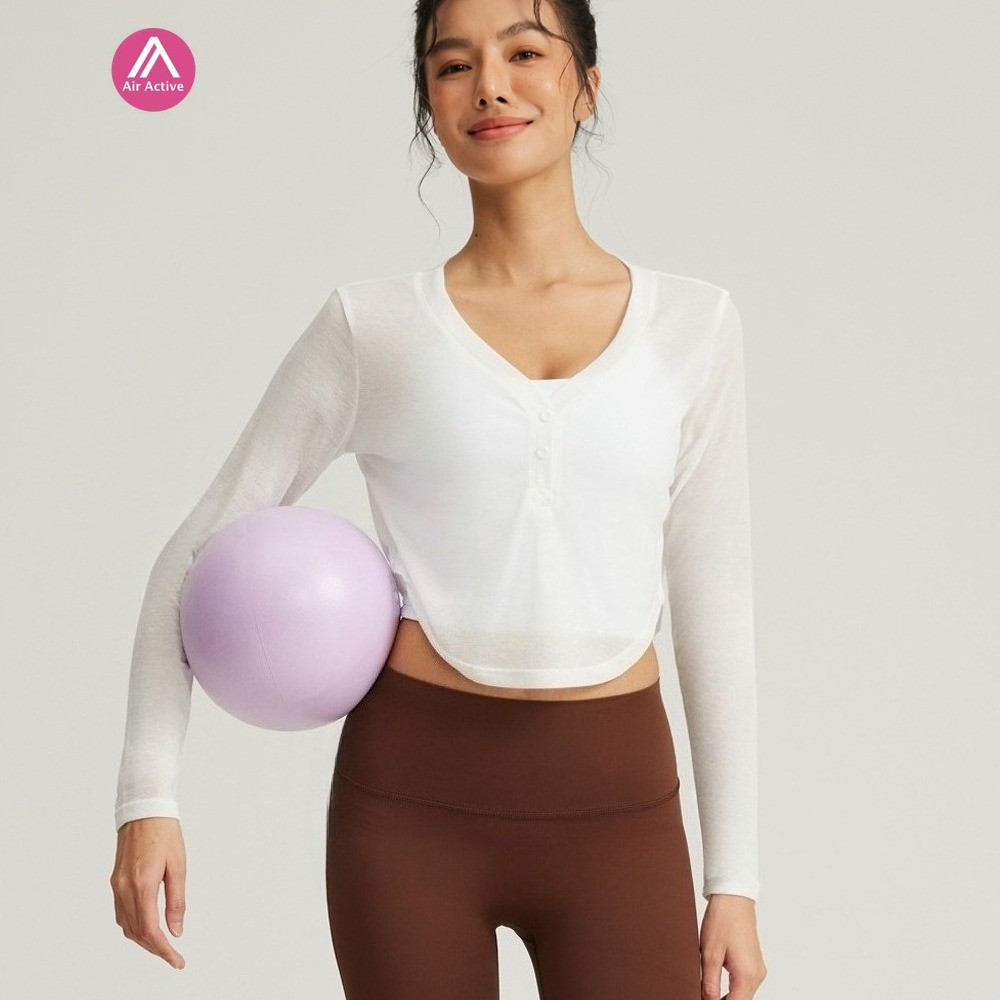 AirActive Leisure เสื้อครอปท็อปแขนยาว คอวี แบบแห้งเร็ว เหมาะกับใส่เล่นโยคะ สไตล์สปอร์ต