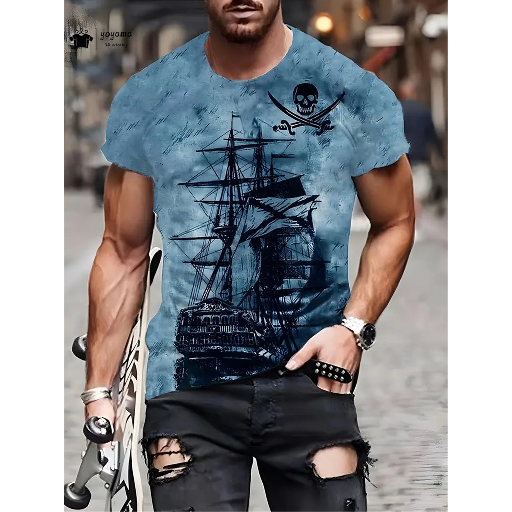 เสื้อยืดผู้ชาย พิมพ์ลายเรือ แขนสั้น แฟชั่นลําลอง โอคอ ขนาดใหญ่ ฤดูร้อน