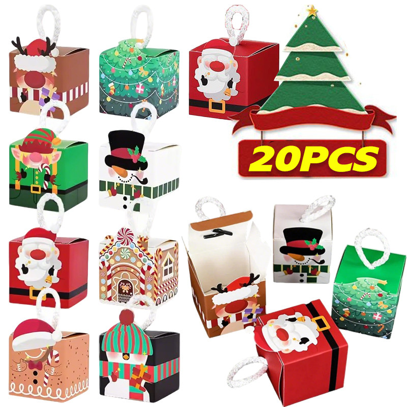 5/10/20ชิ้นกล่องของขวัญคริสต์มาสพร้อมที่จับ-การ์ตูนซานตาคลอสมนุษย์หิมะรูปแบบลูกอมคุกกี้กล่องบรรจุ
