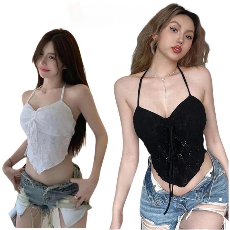เสื้อสายเดี่ยวเปิดหลัง มีฟองน้ำเสริมทรง และดีเทลเว้าช่วงอก เสื้อสายเดี่ยวเปิดหลังน่ารักสำหรับผู้หญิง ประดับด้วยโซ่