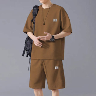 เสื้อยืดชาวเกาหลี + ชุดกางเกงาสั้นชุดแฟชั่นเยาวชนชุดแขนสั้นผ…