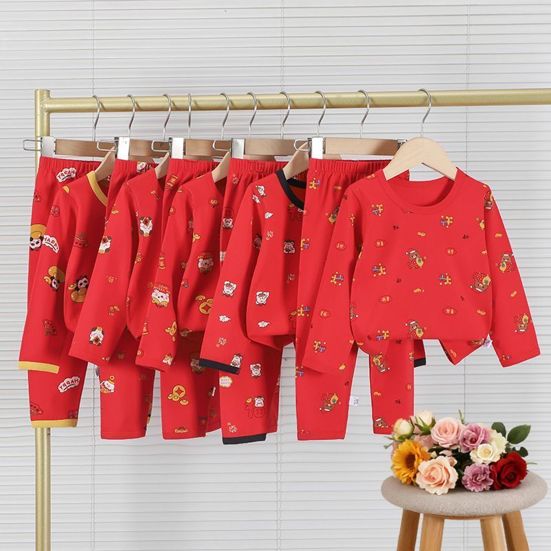 [kumi] ชุดพักผ่อนสำหรับเด็ก ทำจากผ้าฝ้ายธรรมชาติ สีแดง ไซส์ใหญ่ พร้อมส่ง ฟรีค่าขนส่ง