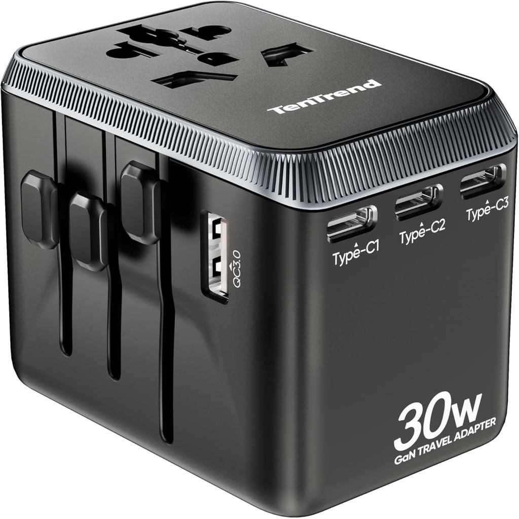 Universal Travel Adapter, 30W International Power Adapter พร้อม 4 พอร์ต USB-C & 1 USB-A, อะแดปเตอร์ป
