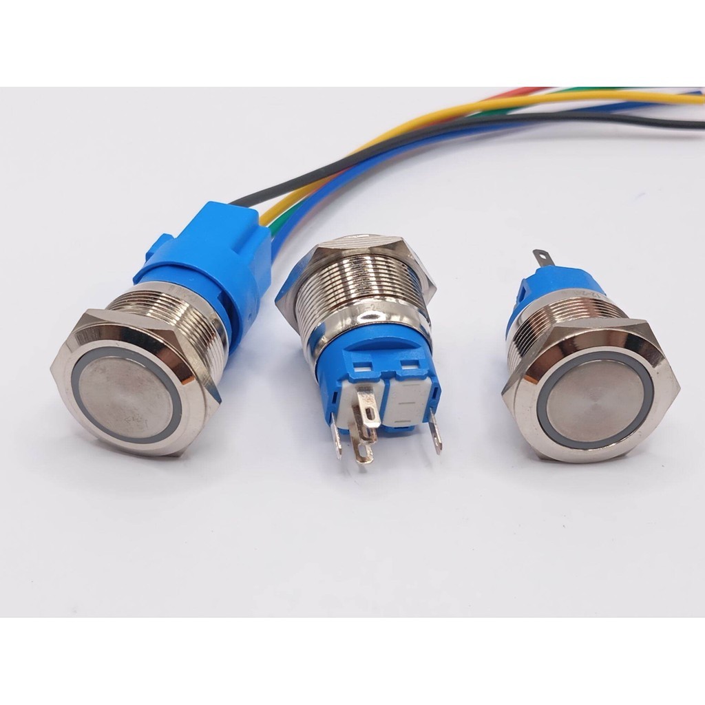 คุ้ม ส่งด่วน! สวิตช์เหล็ก 22มิล มีไฟ หน้าเรียบ กดติด-กดดับ  12-24VDC 220v 5ขา สีแดง,เขียว,น้ำเงิน,เหลือง,ขาว(สินค้าพร้อม