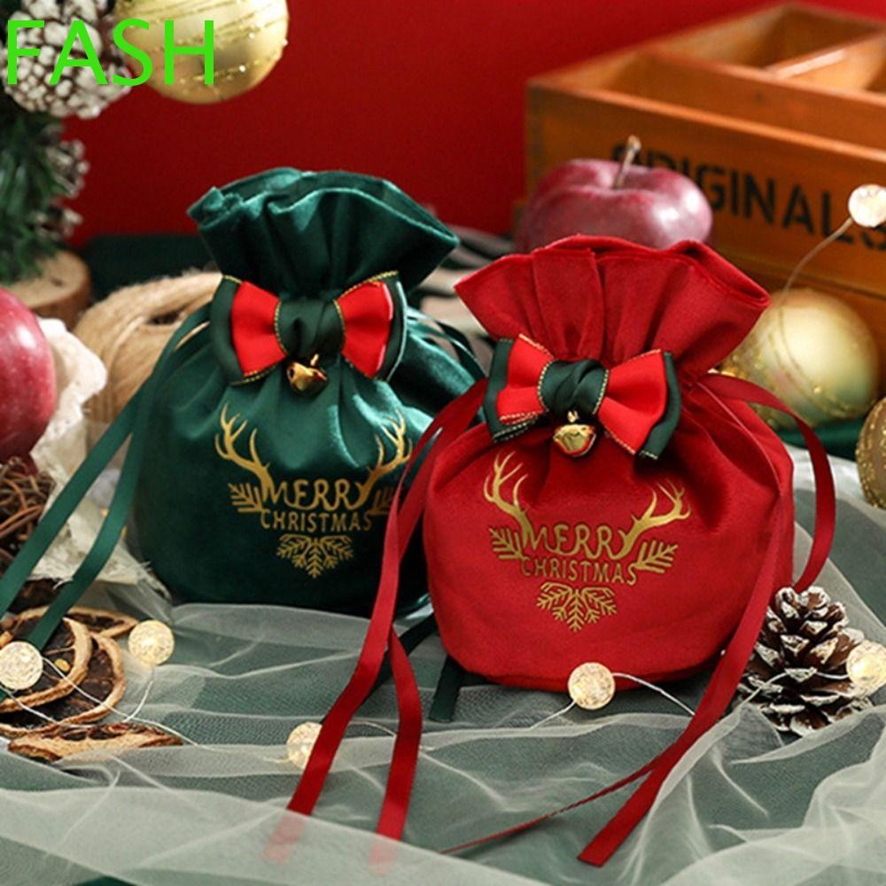 FASH กระเป๋าของขวัญคริสต์มาส, กระเป๋าผ้าคริสต์มาส Flannelette Bow, Santa with Small Bell Velvet Red 