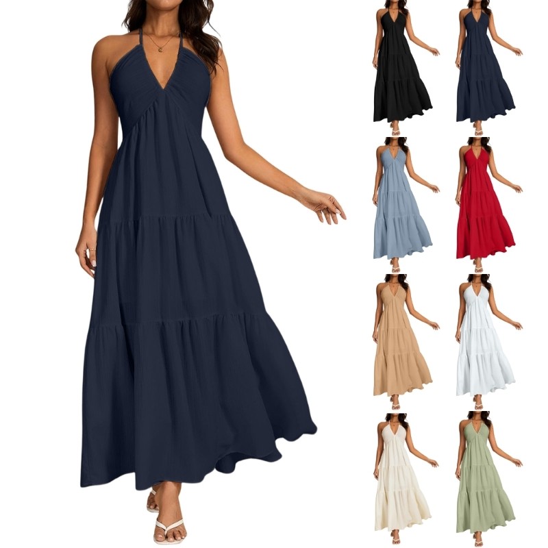 BTF ชุดเดรสคล้องคอเปลือยหลังสําหรับผู้หญิงเดรสยาวคอวีลึกเดรสคล้องคอเอวสูงทรงเอ