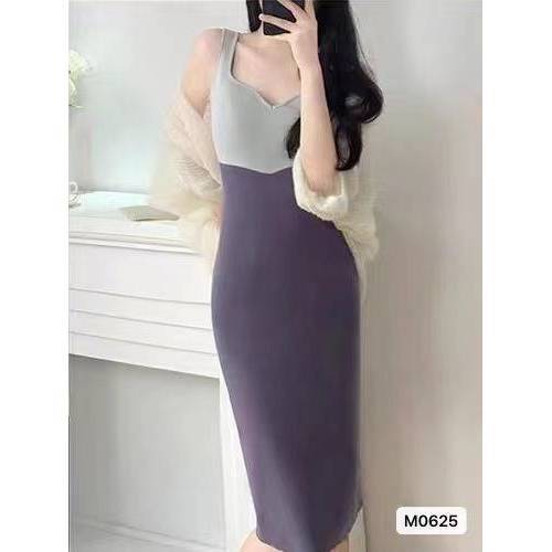 [SSNE] Heartbeat twotone dress เดรสไหมพรมคอหัวใจออกงาน ชุดเดรสแขนกุด ลําลอง เข้ารูป สไตล์เกาหลี สําห