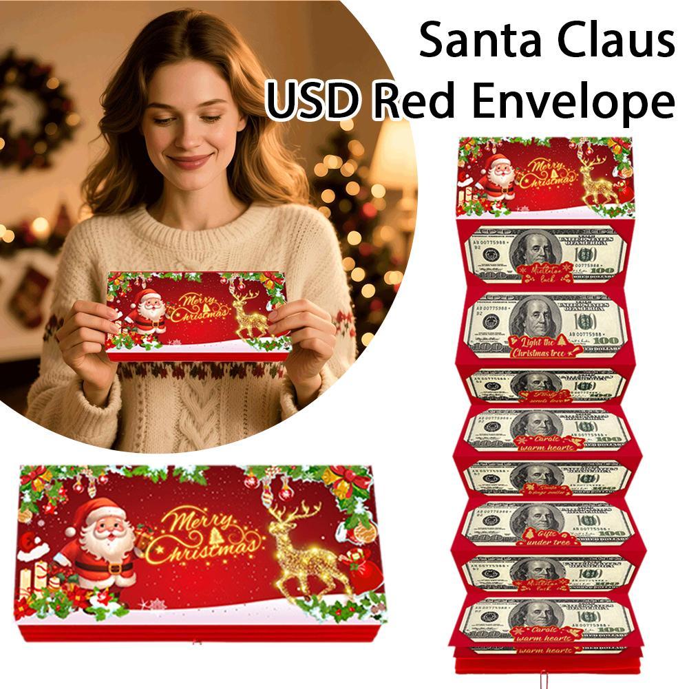 2025 ใหม่ Santa Claus Usd 10 การ์ดซองจดหมายสีแดงกล่องคริสต์มาส Surprise เงิน Party W9o0