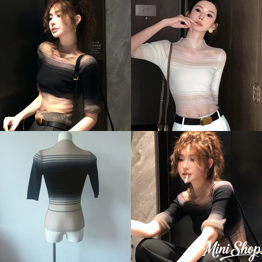 Mini shop พร้อมส่ง (BK3107) เสื้อแขนยาว ไหมพรม ดีเทลลายทางไล่สียืดพอดีตัว – โปรปัง