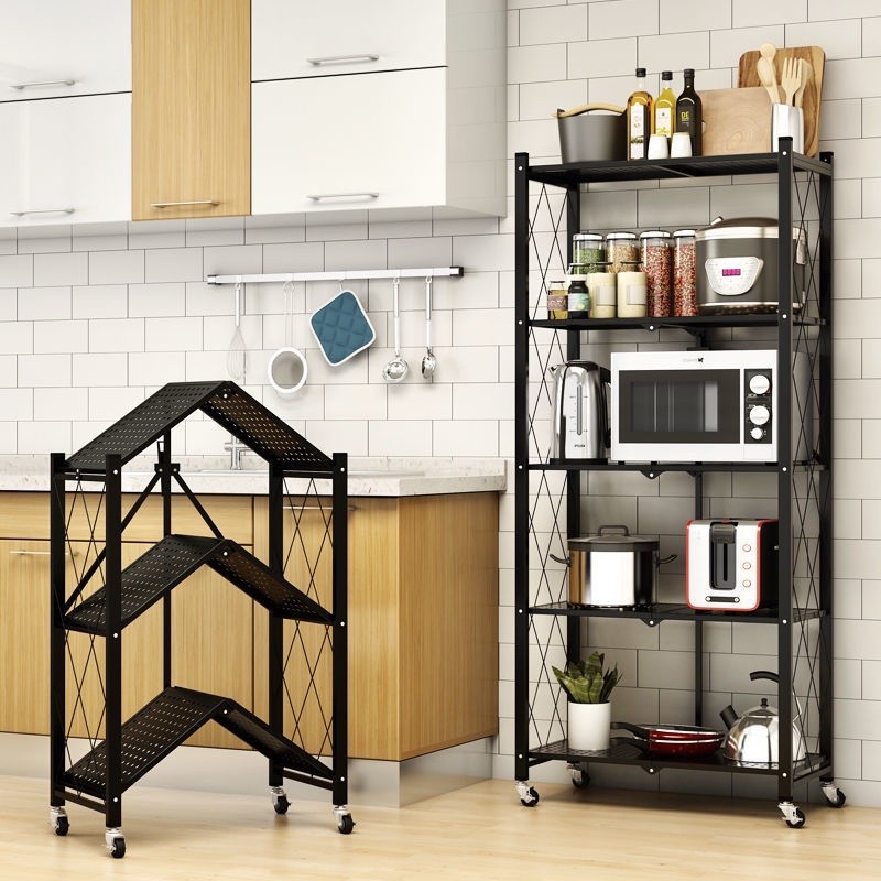 Kitchen free installation folding shelf floor-to-ceiling multi-layer movable wheeled storage rack be