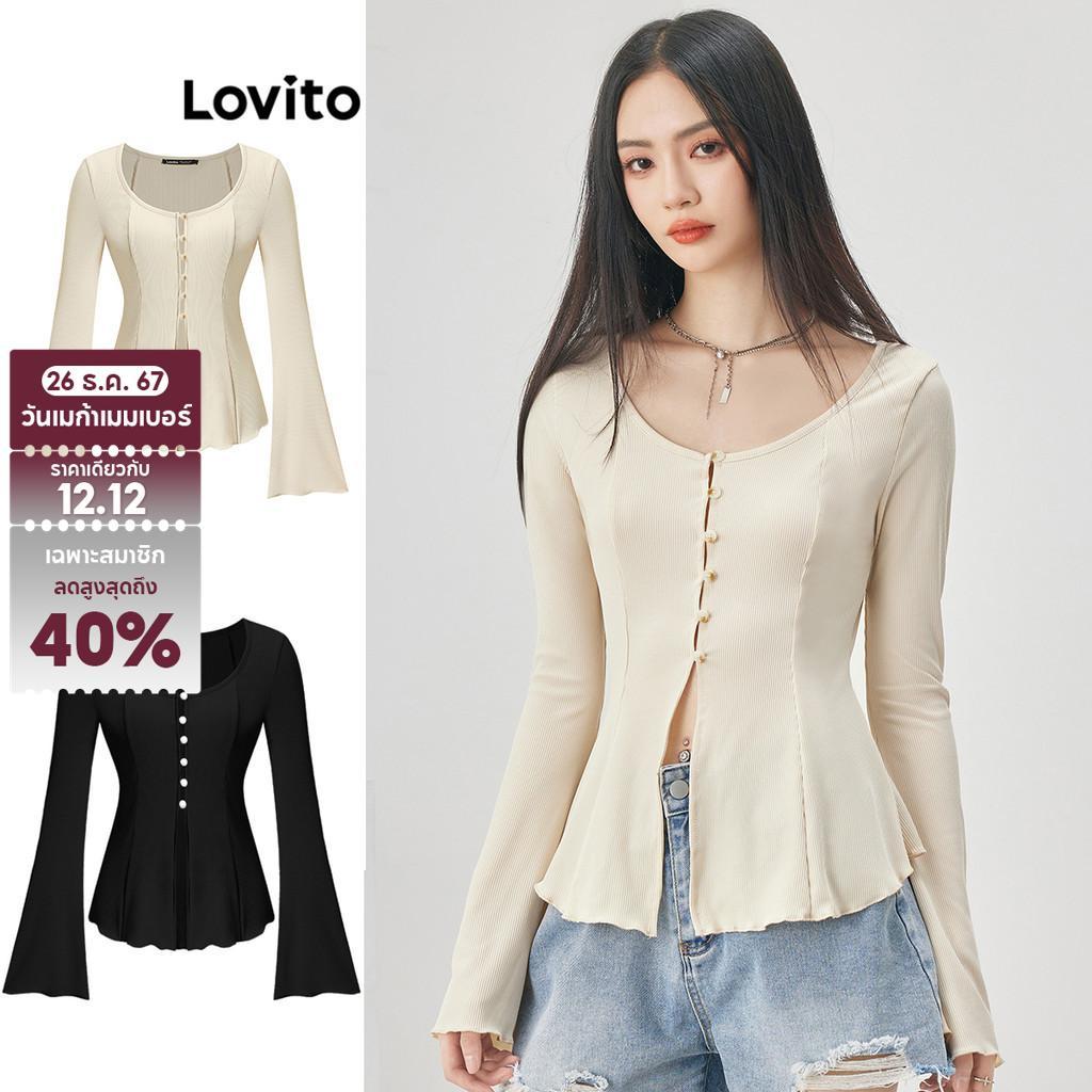 Lovito เสื้อยืดลําลองเสื้อยืดรัดตัวด้านหน้าปุ่มอสมมาตรธรรมดาสําหรับผู้หญิง L52AD153 (หลากสี)