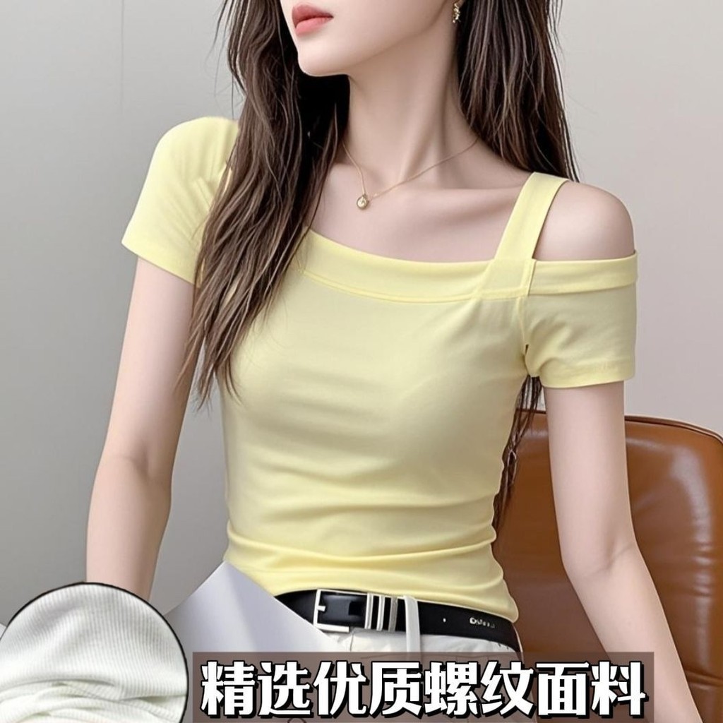 黑色短袖t恤女单肩上衣设计感女小众夏季露肩吊带时尚Black Short-sleeved T-shirt Women's Shoulder Top Design Sense WomenC 7QBl8C