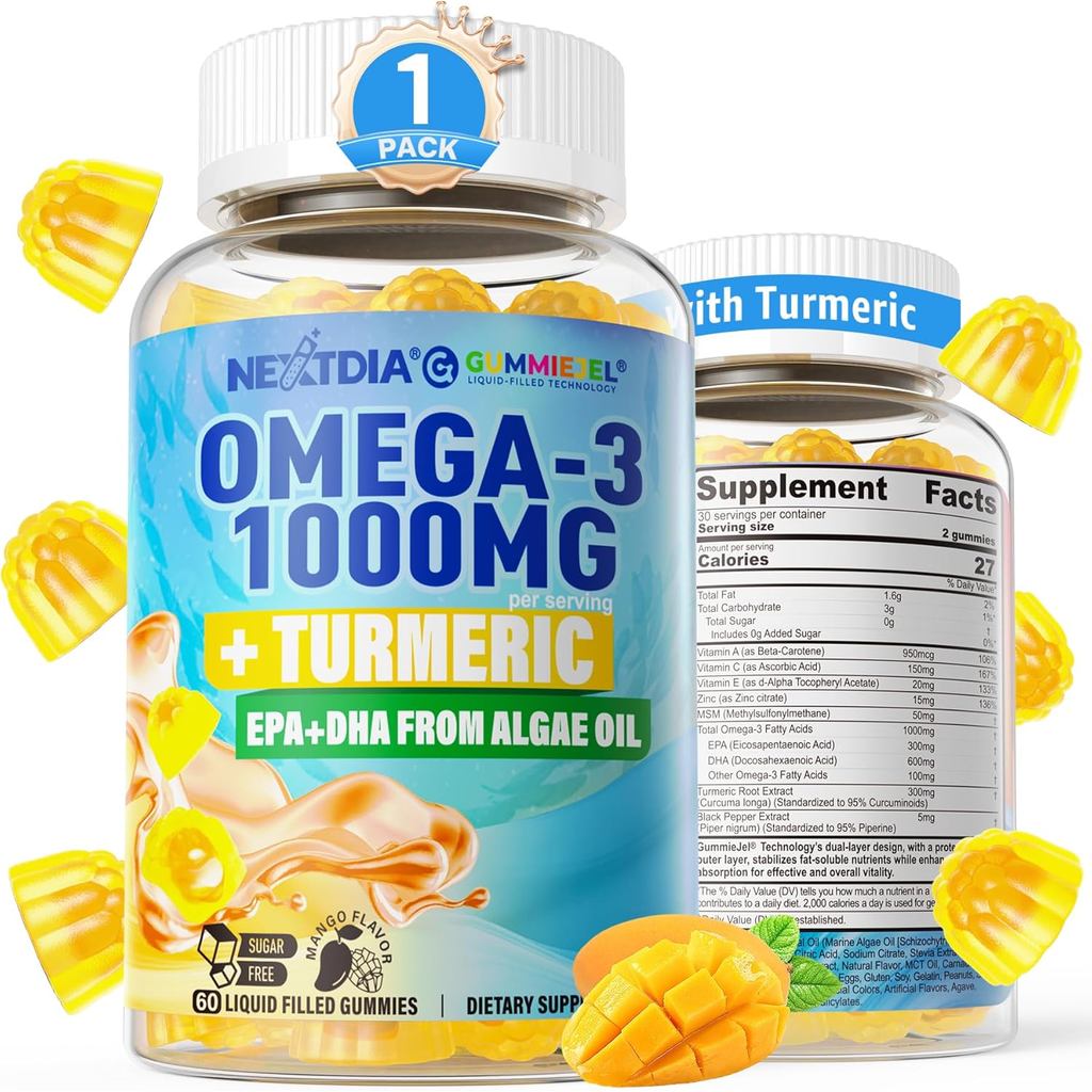 Omega-3 Jelly มังสวิรัติ 1000mg+Turmeric-Adult omega 3 Fish Oil Substitute-Algae DHA 600mg และ EPA 3