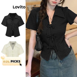 (KOL‘s pick) Lovito เสื้อยืดผู้หญิง ผ้าแจ็คการ์ด สีพื้น สไตล…