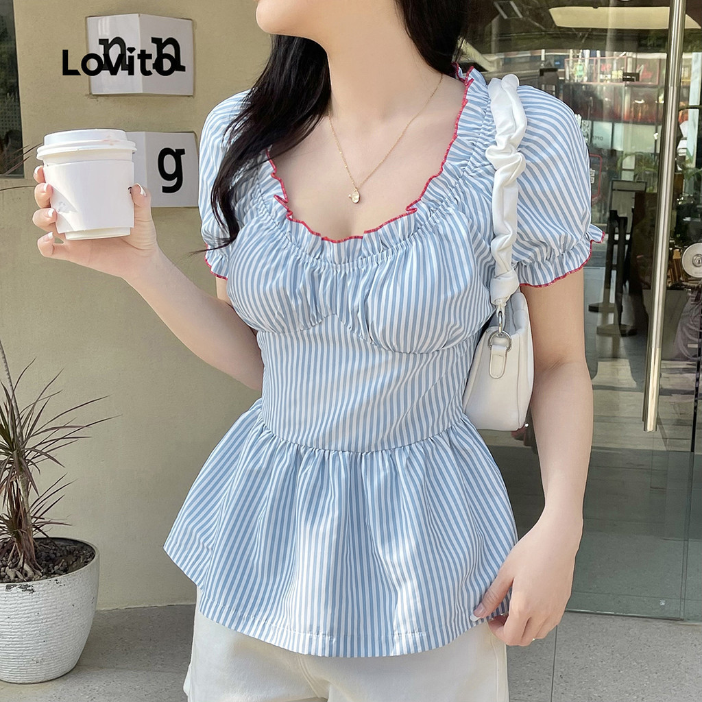 Lovito เสื้อน่ารักลายจีบคมชัดผูกพันสม็อคฤดูร้อน/ฤดูใบไม้ผลิเสื้อสําหรับผู้หญิง L125AD492