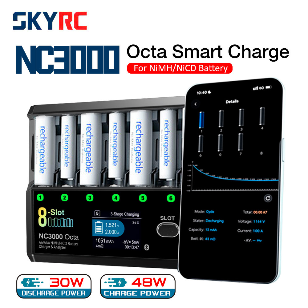 SKYRC NC3000 Octa 8-Slot NiMH/NiCD Charger 7 โหมดสมาร์ท, 48W Charge 30W Discharge สําหรับ AA/AAA 100