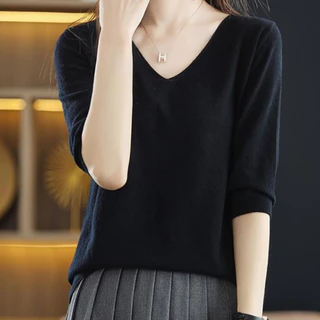 เสื้อกันหนาวถักสำหรับผู้หญิง สไตล์เกาหลี คอวี สวมสบาย