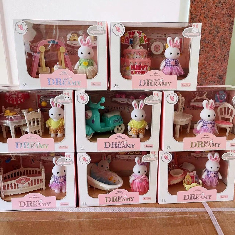 Little Rabbit Scenario ของเล่นแต่งตัวจําลองโต๊ะแต่งหน้าการฝึกอบรมชั้นเรียนของขวัญเค้กสาวของขวัญวันเก