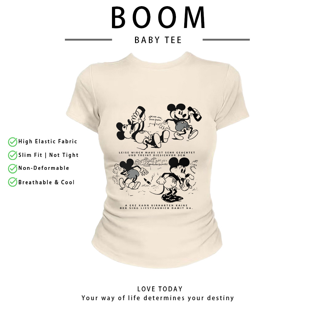 COD（จัดส่งภายใน 24 ชั่วโมง）เสื้อสาวอวบ เสื้อครอปท็อป แขนสั้น babytee สไตล์เกาหลี y2k T-shirt | มิกกี้สไตล์เรโทร
